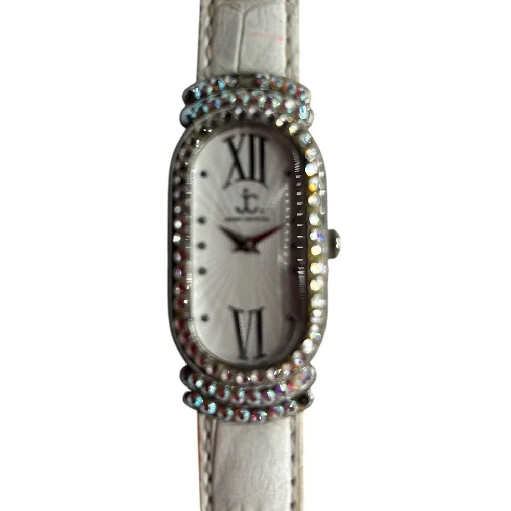 Jimmy Crystal Womens Oval Case Watch Rhinestone White Band Water Resistant WJ532
